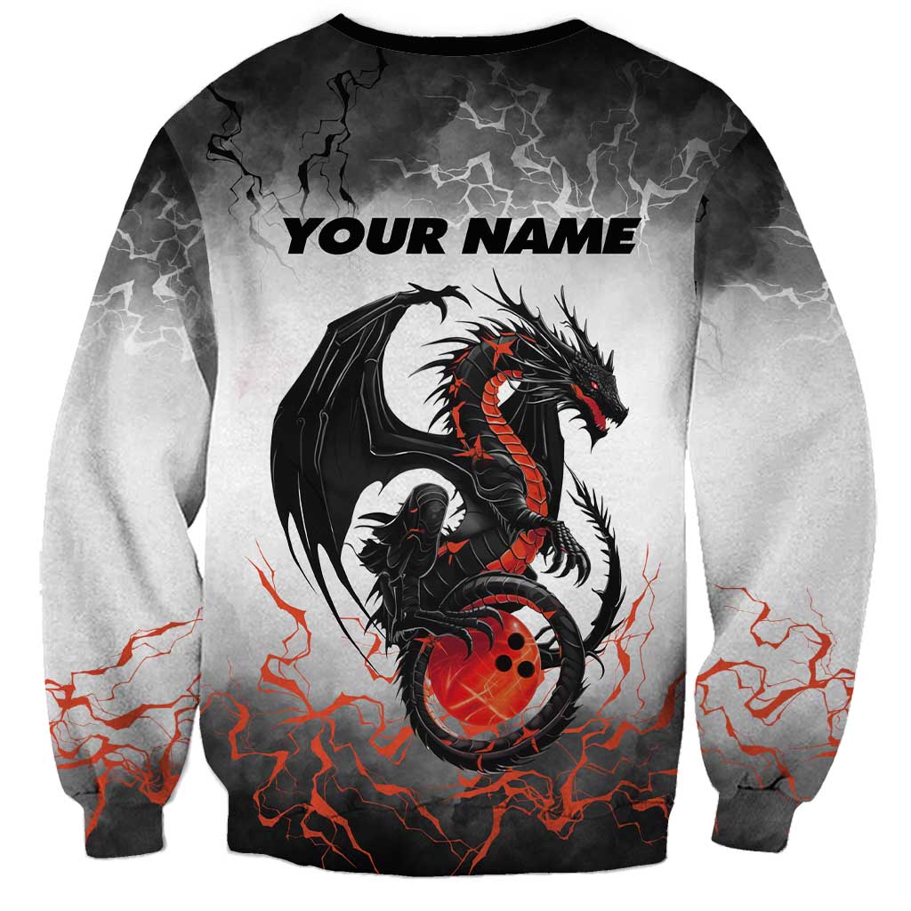 Custom Black Dragon Bowling Sweatshirt with Fiery Ball and Thunderstorm Lightning Pattern - Wonder Print Shop