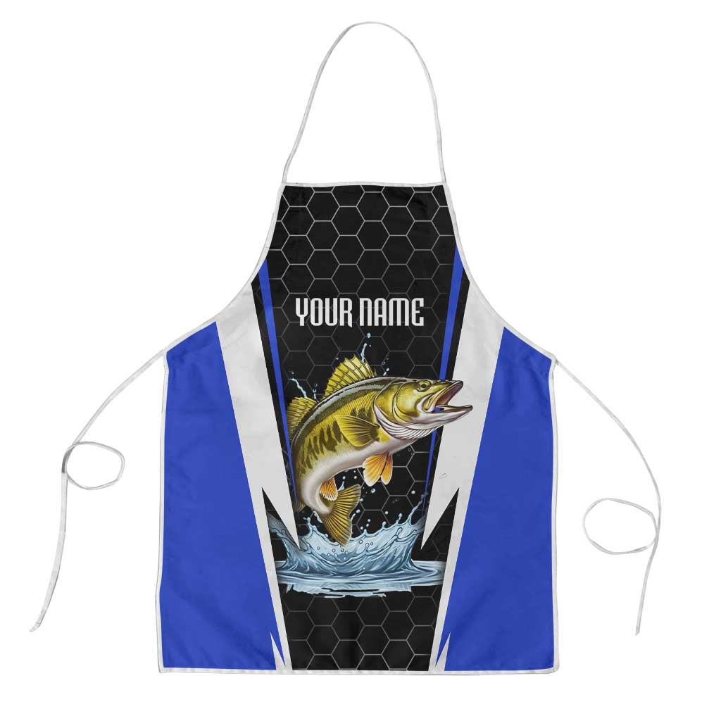 Custom Walleye Fishing Apron with Jumping Fish Splash and Blue Black Hexagon Pattern - Wonder Print Shop