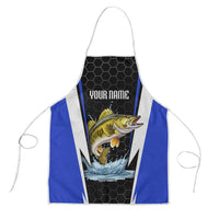 Custom Walleye Fishing Apron with Jumping Fish Splash and Blue Black Hexagon Pattern - Wonder Print Shop