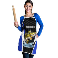 Custom Walleye Fishing Apron with Jumping Fish Splash and Blue Black Hexagon Pattern - Wonder Print Shop