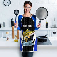 Custom Walleye Fishing Apron with Jumping Fish Splash and Blue Black Hexagon Pattern - Wonder Print Shop