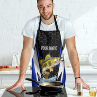 Custom Walleye Fishing Apron with Jumping Fish Splash and Blue Black Hexagon Pattern - Wonder Print Shop