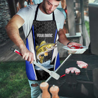 Custom Walleye Fishing Apron with Jumping Fish Splash and Blue Black Hexagon Pattern - Wonder Print Shop