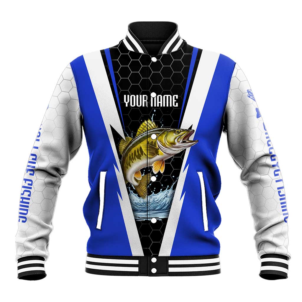 Custom Walleye Fishing Baseball Jacket with Jumping Fish Splash and Blue Black Hexagon Pattern - Wonder Print Shop