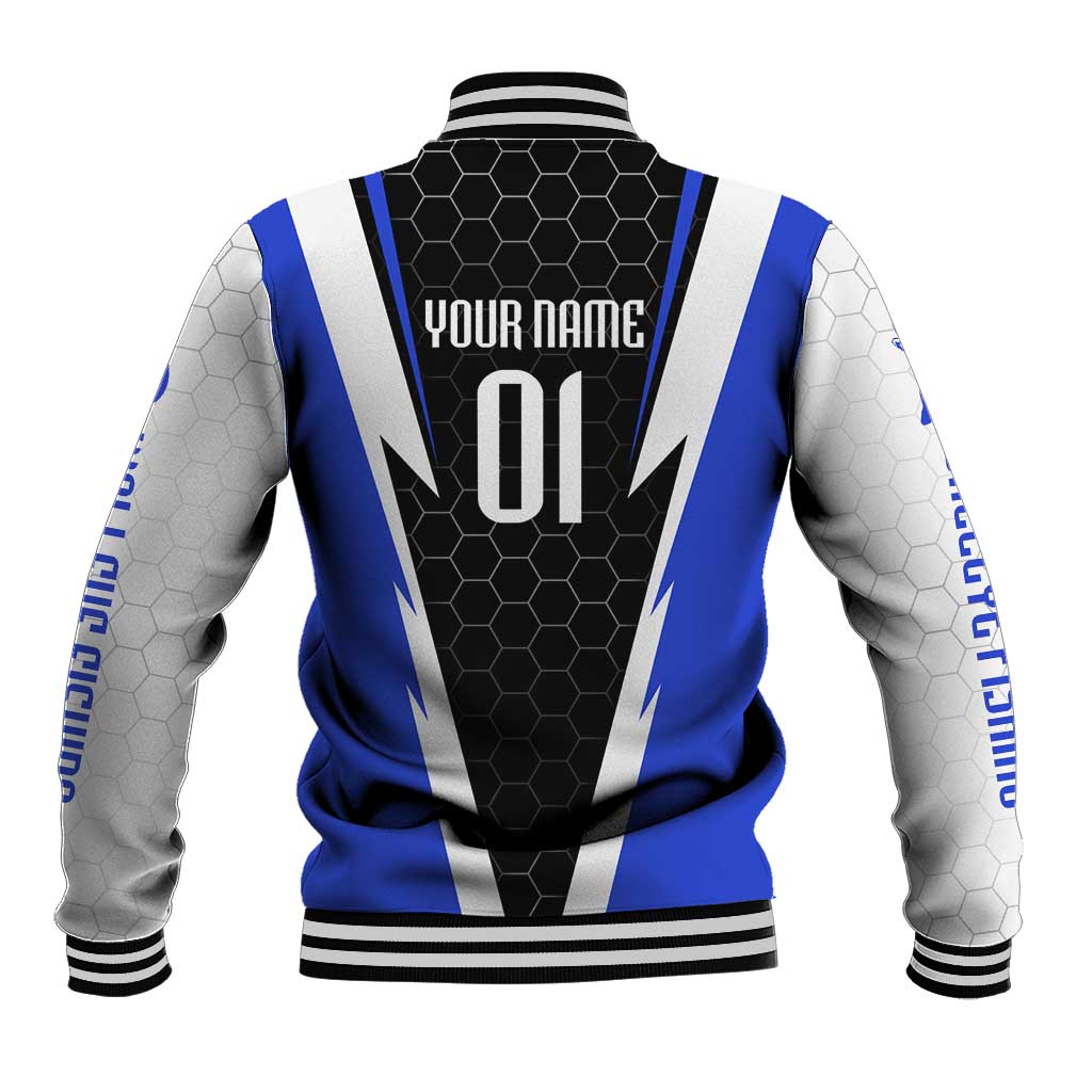 Custom Walleye Fishing Baseball Jacket with Jumping Fish Splash and Blue Black Hexagon Pattern - Wonder Print Shop