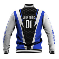 Custom Walleye Fishing Baseball Jacket with Jumping Fish Splash and Blue Black Hexagon Pattern - Wonder Print Shop