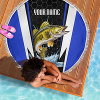 Custom Walleye Fishing Beach Blanket with Jumping Fish Splash and Blue Black Hexagon Pattern - Wonder Print Shop