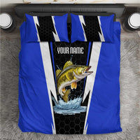 Custom Walleye Fishing Bedding Set with Jumping Fish Splash and Blue Black Hexagon Pattern - Wonder Print Shop