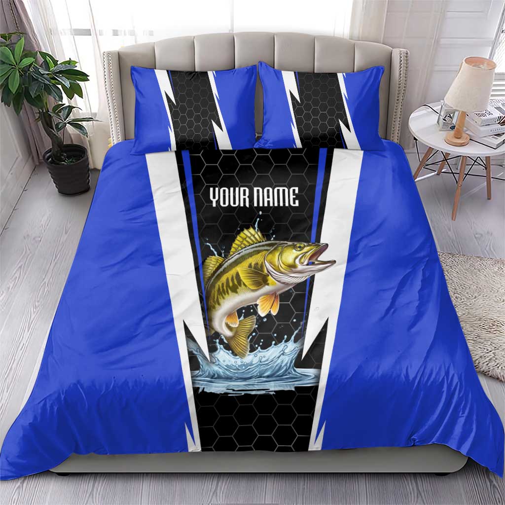 Custom Walleye Fishing Bedding Set with Jumping Fish Splash and Blue Black Hexagon Pattern - Wonder Print Shop