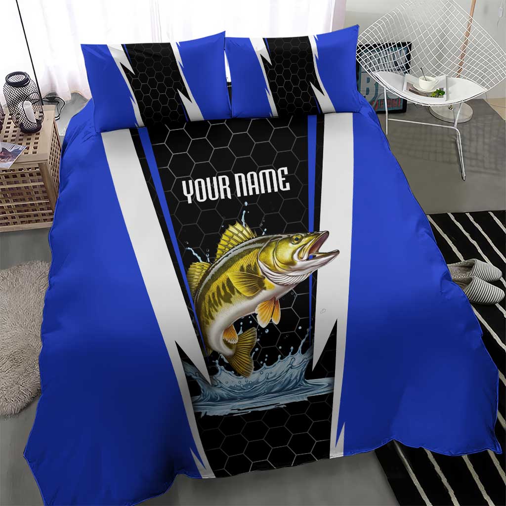 Custom Walleye Fishing Bedding Set with Jumping Fish Splash and Blue Black Hexagon Pattern - Wonder Print Shop