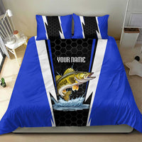 Custom Walleye Fishing Bedding Set with Jumping Fish Splash and Blue Black Hexagon Pattern - Wonder Print Shop