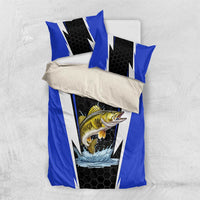 Custom Walleye Fishing Bedding Set with Jumping Fish Splash and Blue Black Hexagon Pattern - Wonder Print Shop