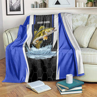 Custom Walleye Fishing Blanket with Jumping Fish Splash and Blue Black Hexagon Pattern - Wonder Print Shop