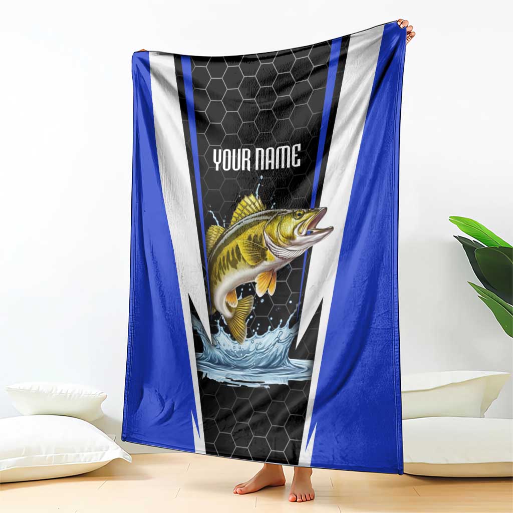 Custom Walleye Fishing Blanket with Jumping Fish Splash and Blue Black Hexagon Pattern - Wonder Print Shop