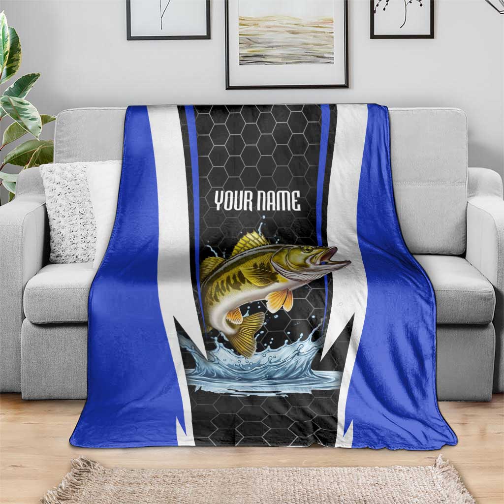 Custom Walleye Fishing Blanket with Jumping Fish Splash and Blue Black Hexagon Pattern - Wonder Print Shop