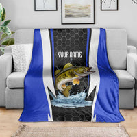 Custom Walleye Fishing Blanket with Jumping Fish Splash and Blue Black Hexagon Pattern - Wonder Print Shop