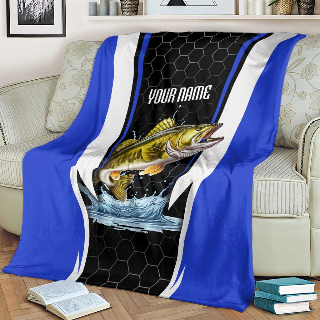 Custom Walleye Fishing Blanket with Jumping Fish Splash and Blue Black Hexagon Pattern - Wonder Print Shop