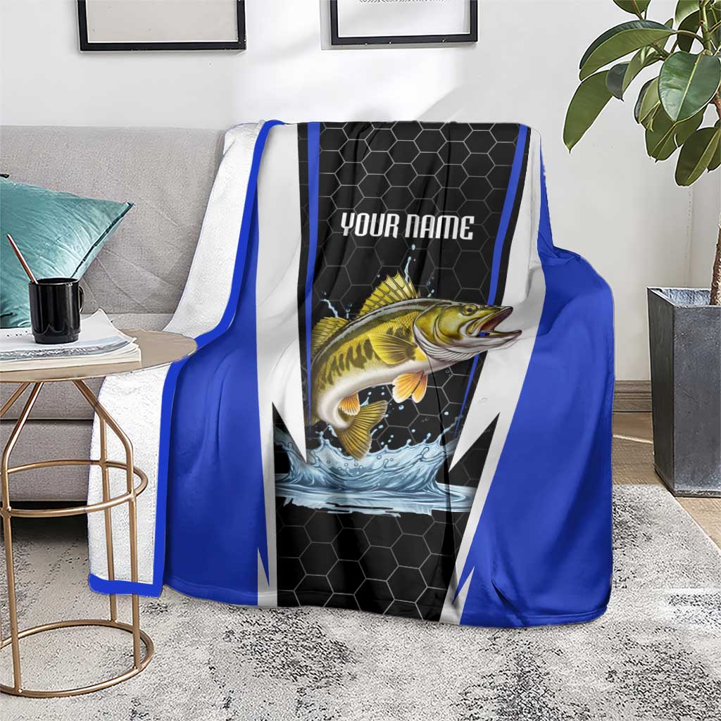 Custom Walleye Fishing Blanket with Jumping Fish Splash and Blue Black Hexagon Pattern - Wonder Print Shop