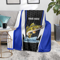 Custom Walleye Fishing Blanket with Jumping Fish Splash and Blue Black Hexagon Pattern - Wonder Print Shop
