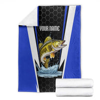 Custom Walleye Fishing Blanket with Jumping Fish Splash and Blue Black Hexagon Pattern - Wonder Print Shop