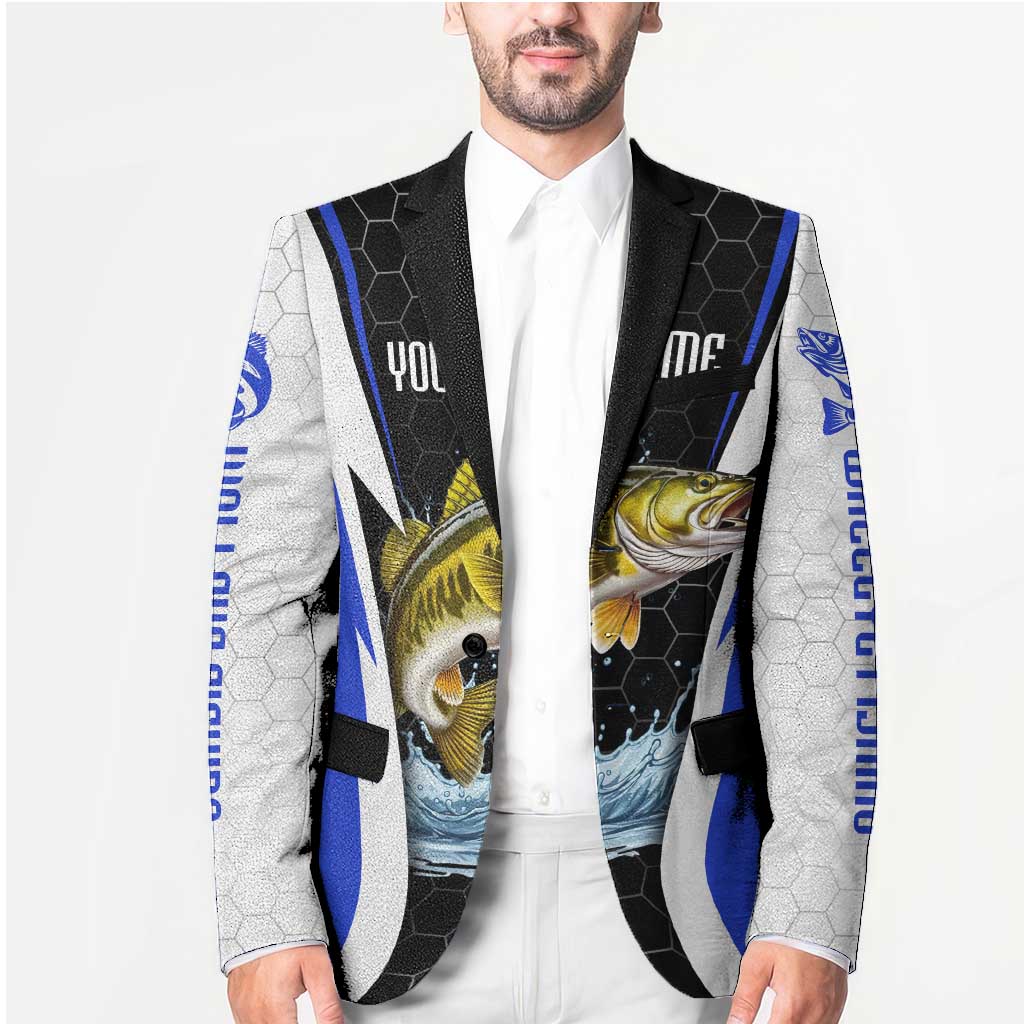 Custom Walleye Fishing Blazer with Jumping Fish Splash and Blue Black Hexagon Pattern - Wonder Print Shop