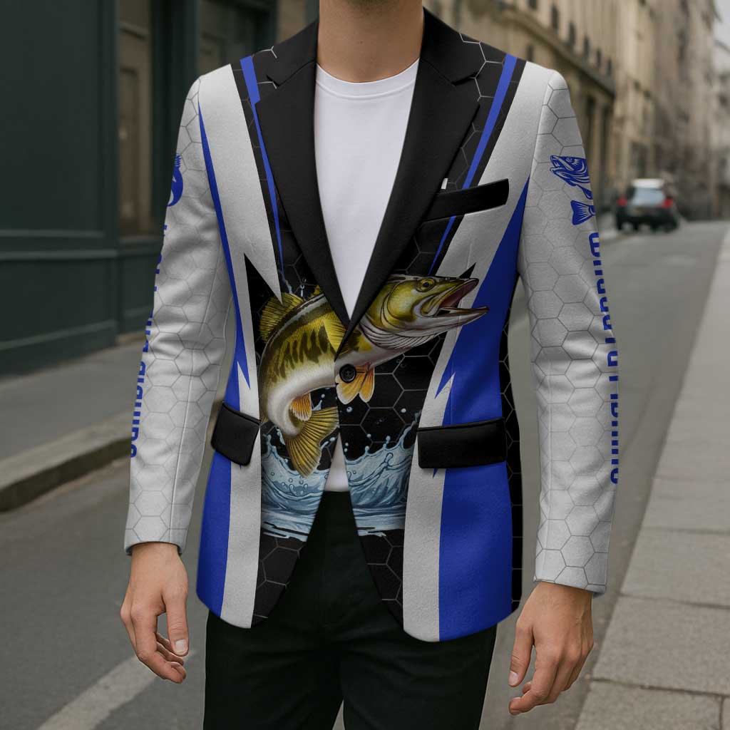 Custom Walleye Fishing Blazer with Jumping Fish Splash and Blue Black Hexagon Pattern - Wonder Print Shop