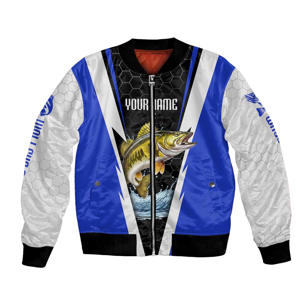 Custom Walleye Fishing Bomber Jacket with Jumping Fish Splash and Blue Black Hexagon Pattern - Wonder Print Shop
