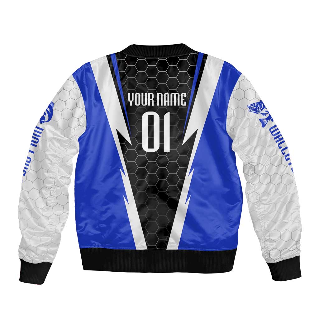 Custom Walleye Fishing Bomber Jacket with Jumping Fish Splash and Blue Black Hexagon Pattern - Wonder Print Shop