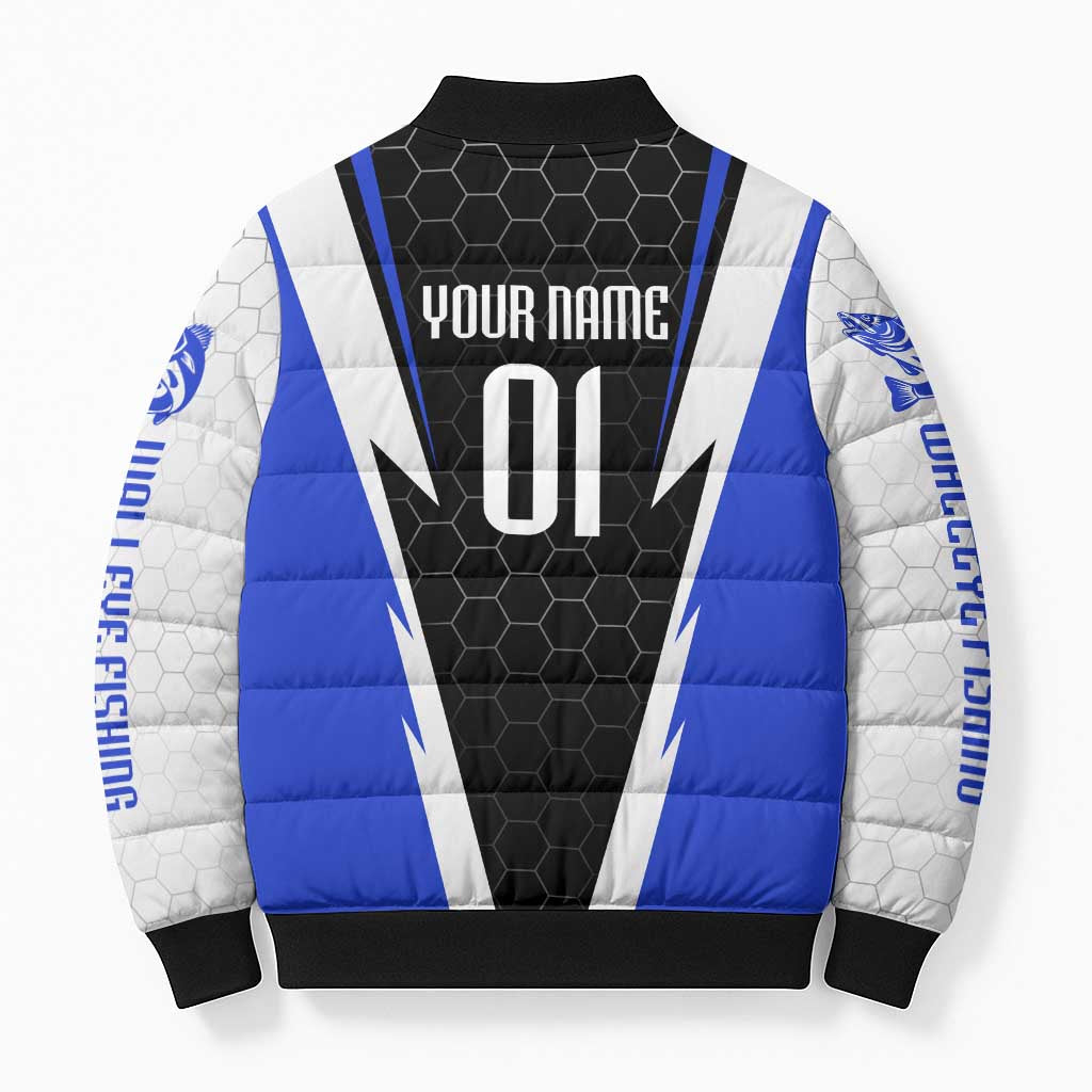 Custom Walleye Fishing Bomber Puffer Jacket with Jumping Fish Splash and Blue Black Hexagon Pattern - Wonder Print Shop