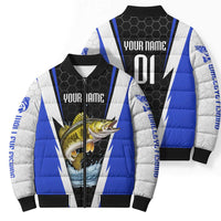 Custom Walleye Fishing Bomber Puffer Jacket with Jumping Fish Splash and Blue Black Hexagon Pattern - Wonder Print Shop