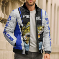 Custom Walleye Fishing Bomber Puffer Jacket with Jumping Fish Splash and Blue Black Hexagon Pattern - Wonder Print Shop