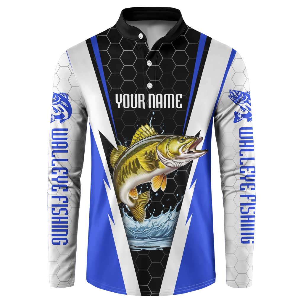 Custom Walleye Fishing Button Sweatshirt with Jumping Fish Splash and Blue Black Hexagon Pattern - Wonder Print Shop