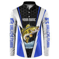 Custom Walleye Fishing Button Sweatshirt with Jumping Fish Splash and Blue Black Hexagon Pattern - Wonder Print Shop
