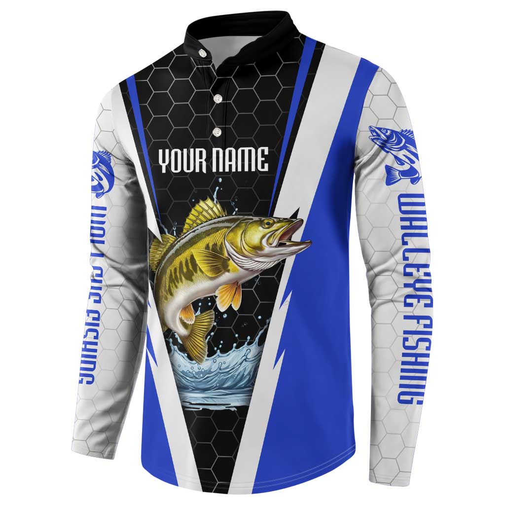 Custom Walleye Fishing Button Sweatshirt with Jumping Fish Splash and Blue Black Hexagon Pattern - Wonder Print Shop