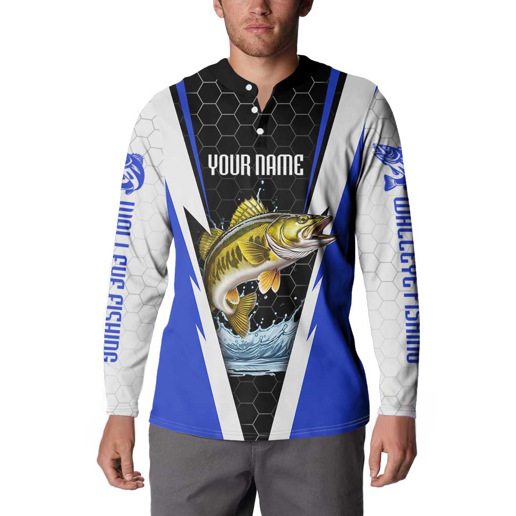 Custom Walleye Fishing Button Sweatshirt with Jumping Fish Splash and Blue Black Hexagon Pattern - Wonder Print Shop