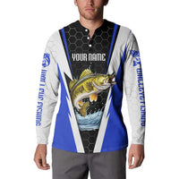 Custom Walleye Fishing Button Sweatshirt with Jumping Fish Splash and Blue Black Hexagon Pattern - Wonder Print Shop