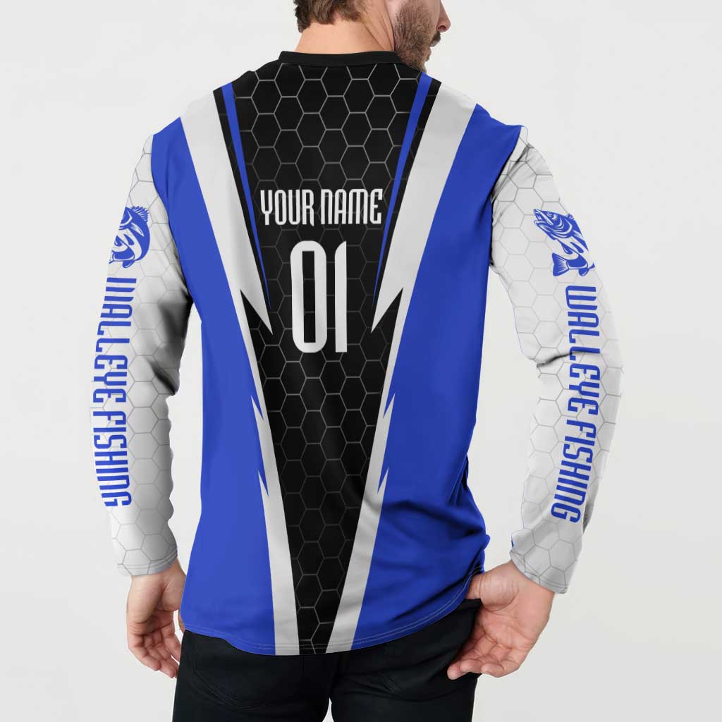 Custom Walleye Fishing Button Sweatshirt with Jumping Fish Splash and Blue Black Hexagon Pattern - Wonder Print Shop