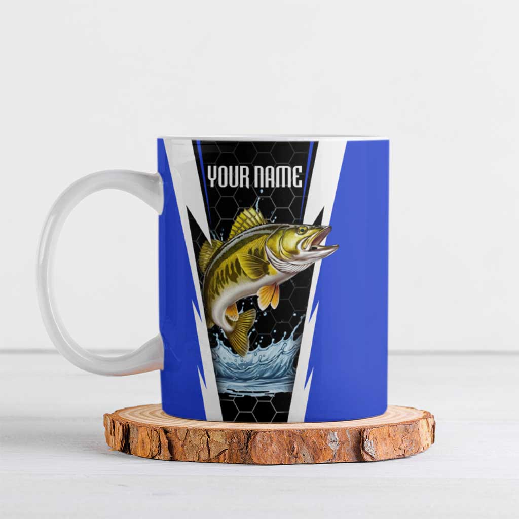 Custom Walleye Fishing Ceramic Mug with Jumping Fish Splash and Blue Black Hexagon Pattern - Wonder Print Shop