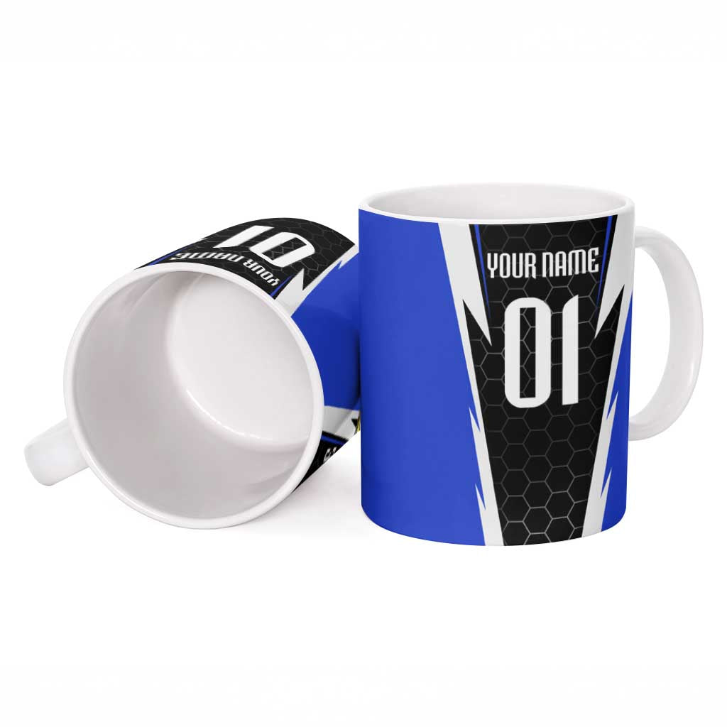 Custom Walleye Fishing Ceramic Mug with Jumping Fish Splash and Blue Black Hexagon Pattern - Wonder Print Shop