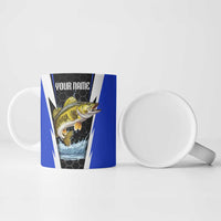 Custom Walleye Fishing Ceramic Mug with Jumping Fish Splash and Blue Black Hexagon Pattern - Wonder Print Shop
