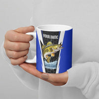 Custom Walleye Fishing Ceramic Mug with Jumping Fish Splash and Blue Black Hexagon Pattern - Wonder Print Shop