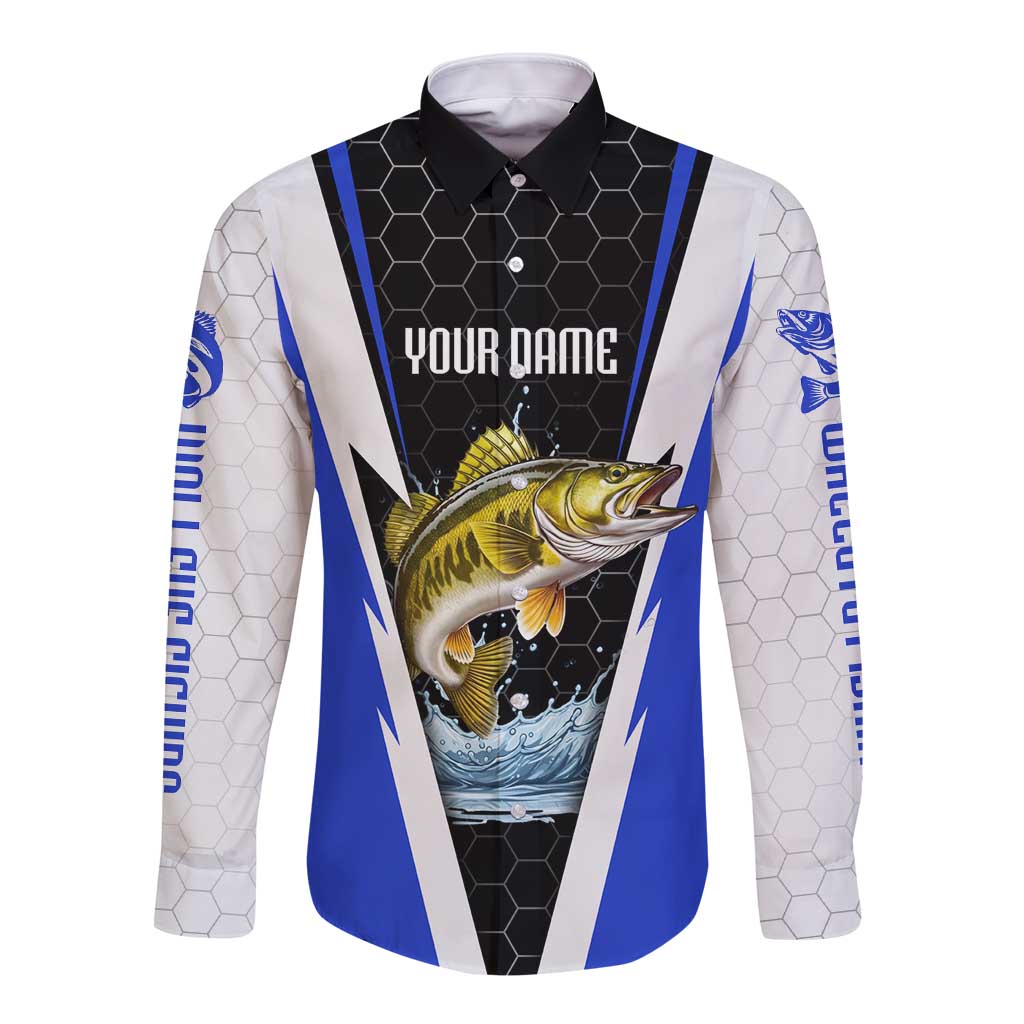 Custom Walleye Fishing Long Sleeve Button Shirt with Jumping Fish Splash and Blue Black Hexagon Pattern - Wonder Print Shop