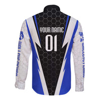 Custom Walleye Fishing Long Sleeve Button Shirt with Jumping Fish Splash and Blue Black Hexagon Pattern - Wonder Print Shop