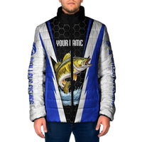 Custom Walleye Fishing Padded Jacket with Jumping Fish Splash and Blue Black Hexagon Pattern - Wonder Print Shop