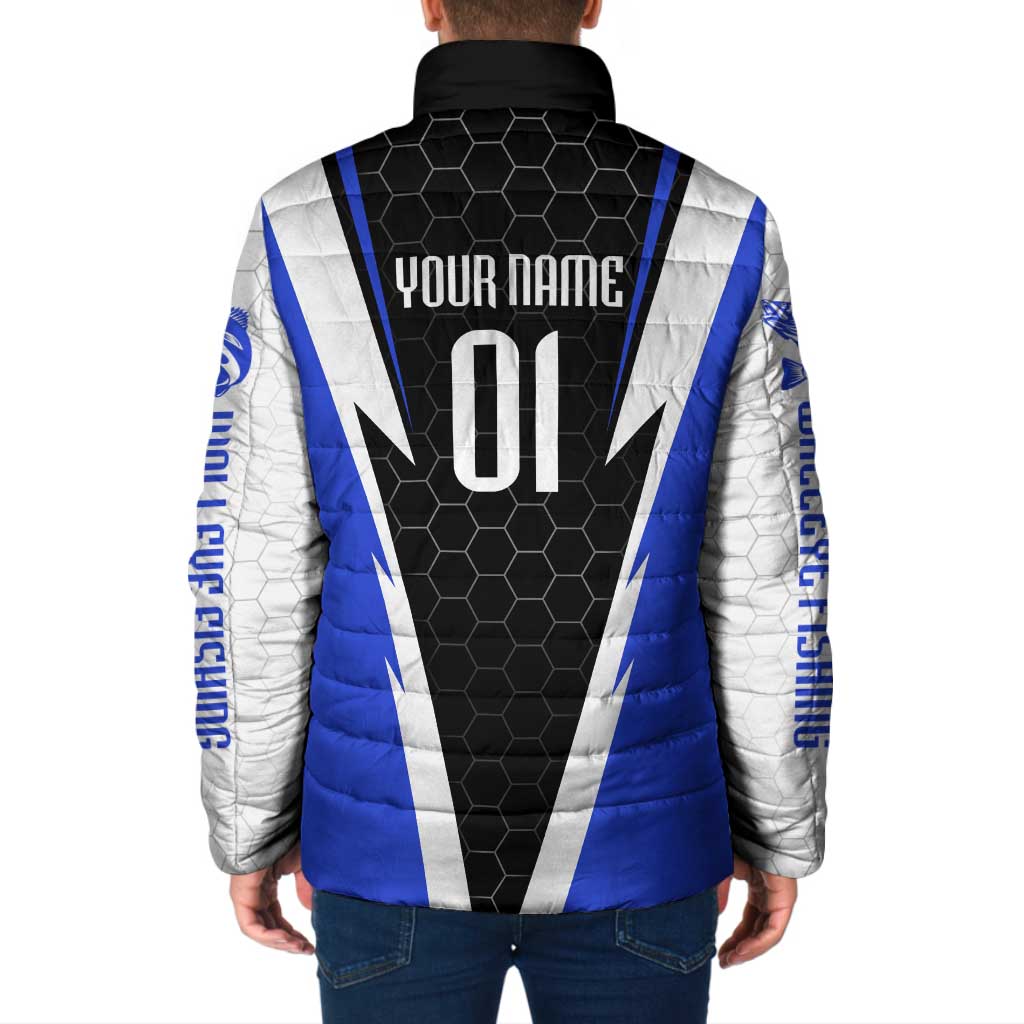 Custom Walleye Fishing Padded Jacket with Jumping Fish Splash and Blue Black Hexagon Pattern - Wonder Print Shop