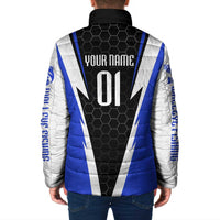 Custom Walleye Fishing Padded Jacket with Jumping Fish Splash and Blue Black Hexagon Pattern - Wonder Print Shop
