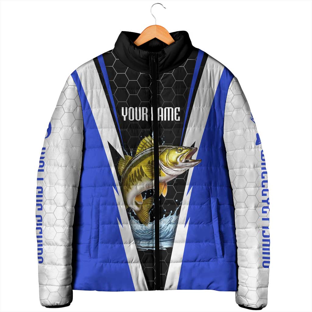 Custom Walleye Fishing Padded Jacket with Jumping Fish Splash and Blue Black Hexagon Pattern - Wonder Print Shop