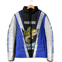 Custom Walleye Fishing Padded Jacket with Jumping Fish Splash and Blue Black Hexagon Pattern - Wonder Print Shop