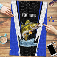 Custom Walleye Fishing Puzzle with Jumping Fish Splash and Blue Black Hexagon Pattern - Wonder Print Shop