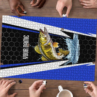 Custom Walleye Fishing Puzzle with Jumping Fish Splash and Blue Black Hexagon Pattern - Wonder Print Shop
